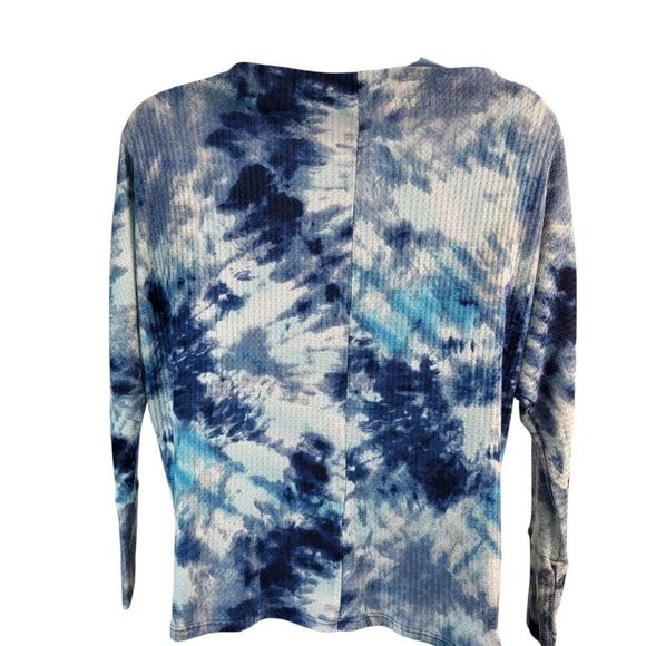Three Bird Nest Medium Blue White Tie Dye Top Cowl Neck Waffle Knit USA MADE - Picture 8 of 14